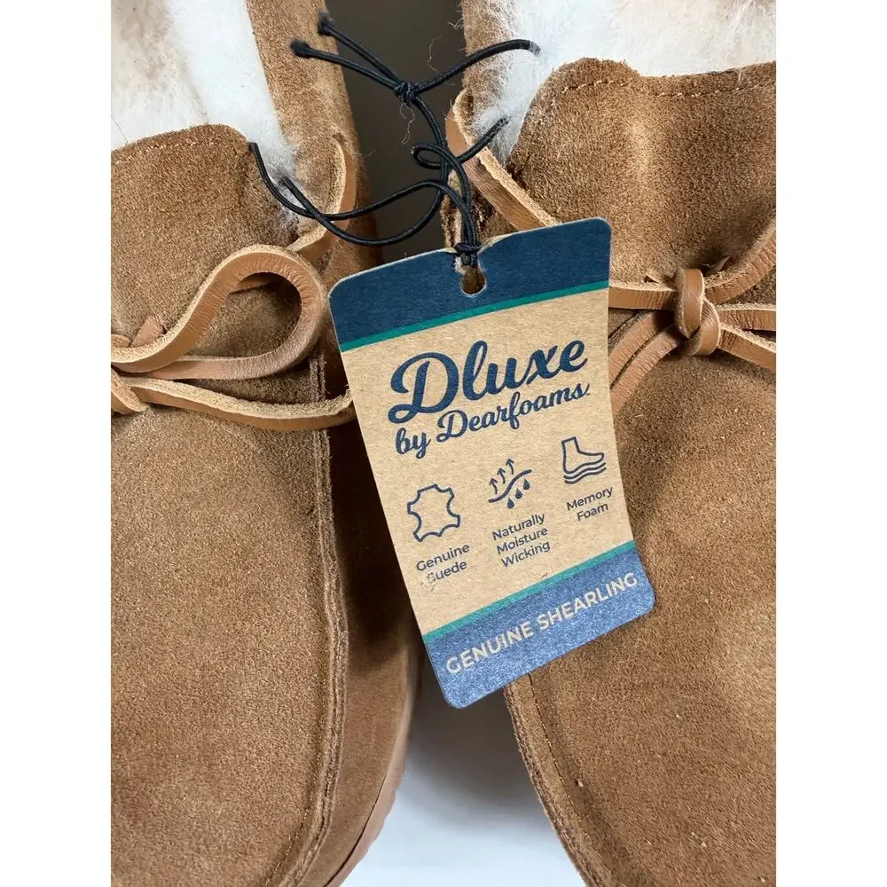 NEW Dearfoams Deluxe Genuine Suede Shearling Slippers Chestnut Size 12
